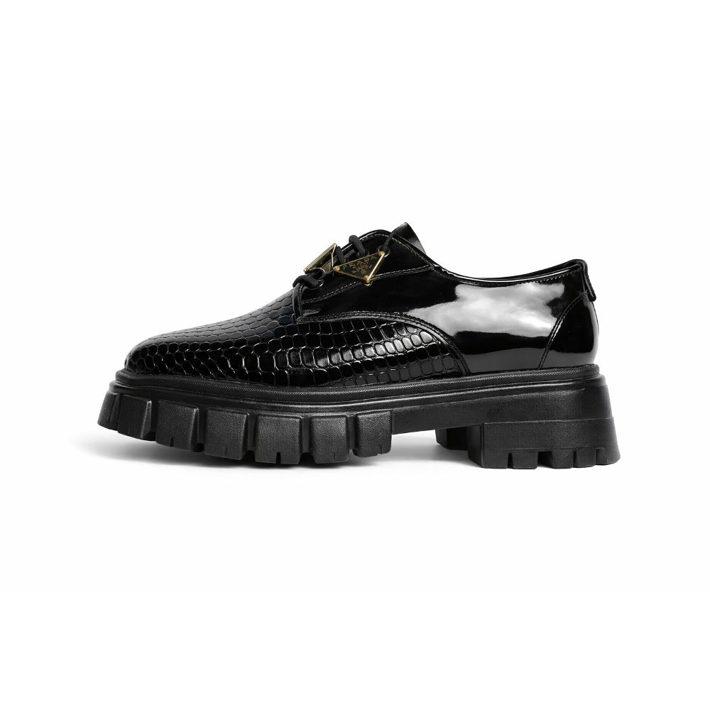 Quality Men Black Croc Textured Derby Shoes with Chunky Lug Sole